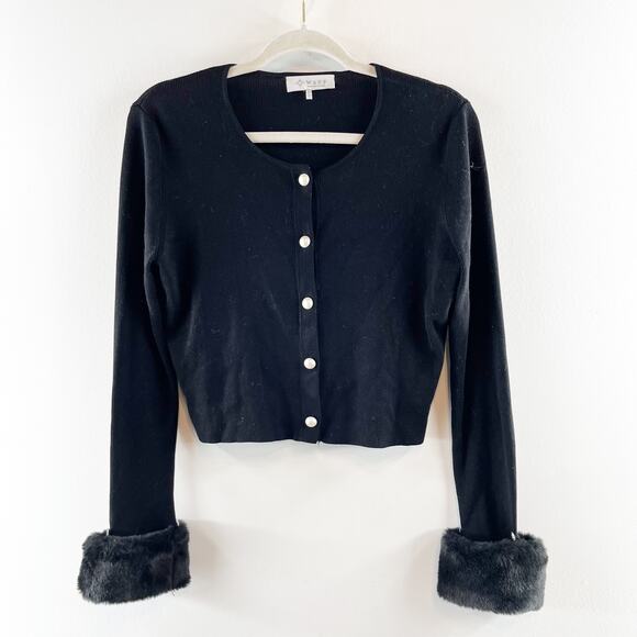 Wayf Long Sleeve Button Front Cropped Cardigan with Faux Fur Cuffs Black Medium - Picture 3 of 9